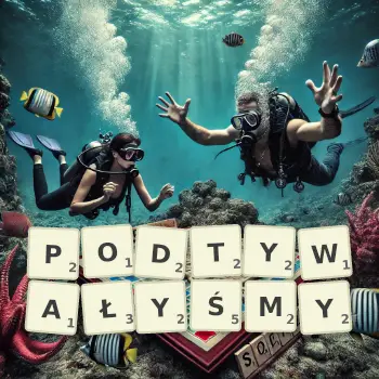 Kreatywna ilustracja do gry w Scrabble ze słowem PODTYWAŁYŚMY ułożonym z płytek na planszy.