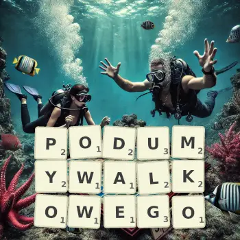 Kreatywna ilustracja do gry w Scrabble ze słowem PODUMYWALKOWEGO ułożonym z płytek na planszy.