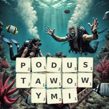 Kreatywna ilustracja do gry w Scrabble ze słowem PODUSTAWOWYMI ułożonym z płytek na planszy.