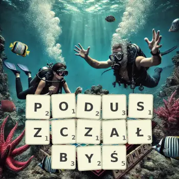 Kreatywna ilustracja do gry w Scrabble ze słowem PODUSZCZAŁBYŚ ułożonym z płytek na planszy.
