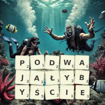 Kreatywna ilustracja do gry w Scrabble ze słowem PODWAJAŁYBYŚCIE ułożonym z płytek na planszy.