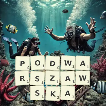 Kreatywna ilustracja do gry w Scrabble ze słowem PODWARSZAWSKA ułożonym z płytek na planszy.