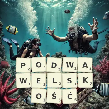 Kreatywna ilustracja do gry w Scrabble ze słowem PODWAWELSKOŚĆ ułożonym z płytek na planszy.
