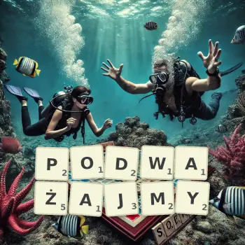 Kreatywna ilustracja do gry w Scrabble ze słowem PODWAŻAJMY ułożonym z płytek na planszy.