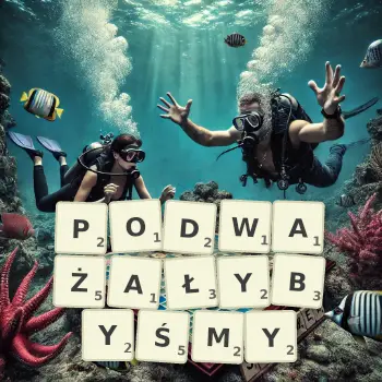 Kreatywna ilustracja do gry w Scrabble ze słowem PODWAŻAŁYBYŚMY ułożonym z płytek na planszy.