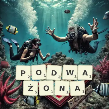 Kreatywna ilustracja do gry w Scrabble ze słowem PODWAŻONA ułożonym z płytek na planszy.