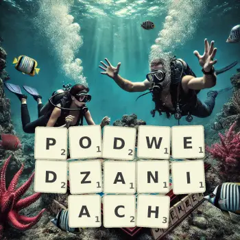 Kreatywna ilustracja do gry w Scrabble ze słowem PODWEDZANIACH ułożonym z płytek na planszy.