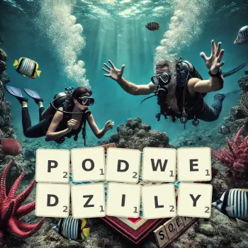 Kreatywna ilustracja do gry w Scrabble ze słowem PODWEDZILY ułożonym z płytek na planszy.