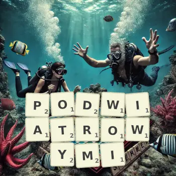 Kreatywna ilustracja do gry w Scrabble ze słowem PODWIATROWYMI ułożonym z płytek na planszy.