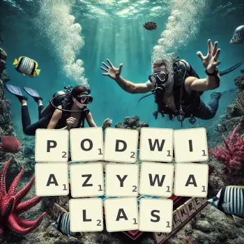 Kreatywna ilustracja do gry w Scrabble ze słowem PODWIAZYWALAS ułożonym z płytek na planszy.