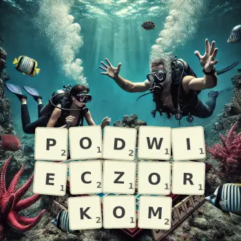 Kreatywna ilustracja do gry w Scrabble ze słowem PODWIECZORKOM ułożonym z płytek na planszy.