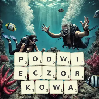 Kreatywna ilustracja do gry w Scrabble ze słowem PODWIECZORKOWA ułożonym z płytek na planszy.