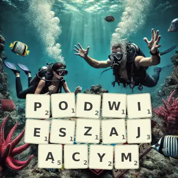 Kreatywna ilustracja do gry w Scrabble ze słowem PODWIESZAJĄCYM ułożonym z płytek na planszy.