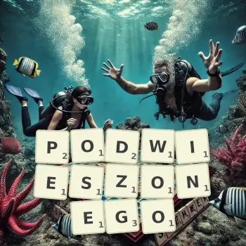 Kreatywna ilustracja do gry w Scrabble ze słowem PODWIESZONEGO ułożonym z płytek na planszy.