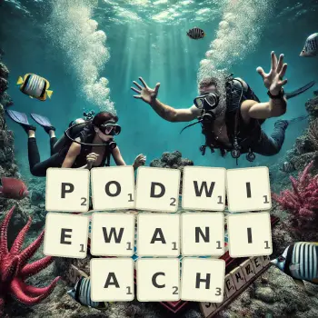 Kreatywna ilustracja do gry w Scrabble ze słowem PODWIEWANIACH ułożonym z płytek na planszy.