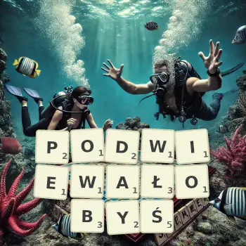 Kreatywna ilustracja do gry w Scrabble ze słowem PODWIEWAŁOBYŚ ułożonym z płytek na planszy.