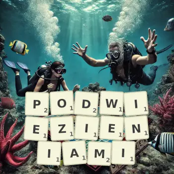 Kreatywna ilustracja do gry w Scrabble ze słowem PODWIEZIENIAMI ułożonym z płytek na planszy.