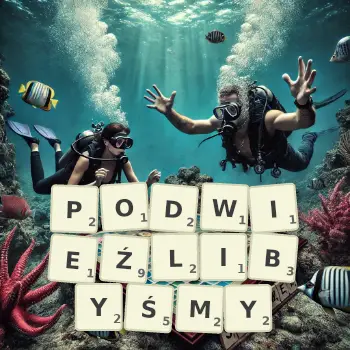 Kreatywna ilustracja do gry w Scrabble ze słowem PODWIEŹLIBYŚMY ułożonym z płytek na planszy.
