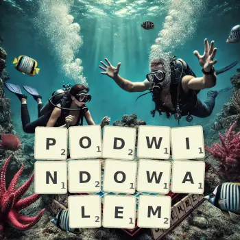 Kreatywna ilustracja do gry w Scrabble ze słowem PODWINDOWALEM ułożonym z płytek na planszy.