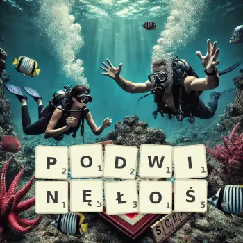 Kreatywna ilustracja do gry w Scrabble ze słowem PODWINĘŁOŚ ułożonym z płytek na planszy.