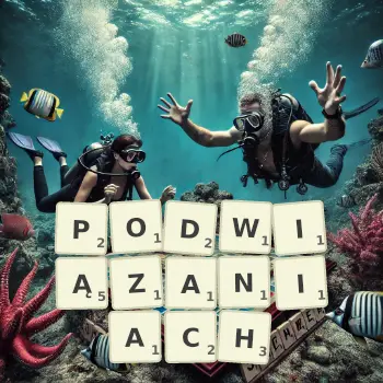 Kreatywna ilustracja do gry w Scrabble ze słowem PODWIĄZANIACH ułożonym z płytek na planszy.