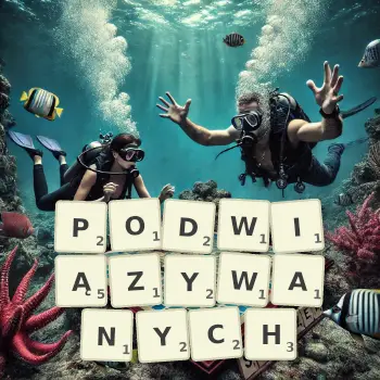 Kreatywna ilustracja do gry w Scrabble ze słowem PODWIĄZYWANYCH ułożonym z płytek na planszy.