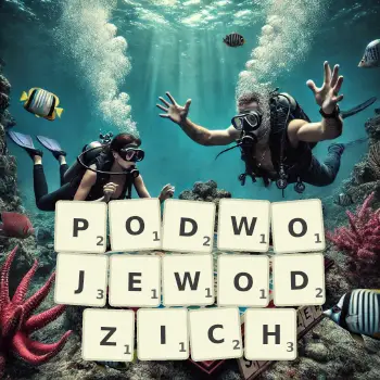 Kreatywna ilustracja do gry w Scrabble ze słowem PODWOJEWODZICH ułożonym z płytek na planszy.
