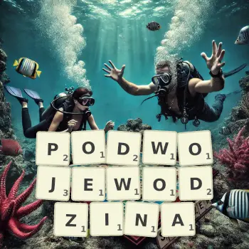 Kreatywna ilustracja do gry w Scrabble ze słowem PODWOJEWODZINA ułożonym z płytek na planszy.