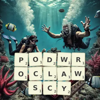 Kreatywna ilustracja do gry w Scrabble ze słowem PODWROCLAWSCY ułożonym z płytek na planszy.