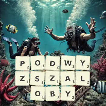 Kreatywna ilustracja do gry w Scrabble ze słowem PODWYZSZALOBY ułożonym z płytek na planszy.