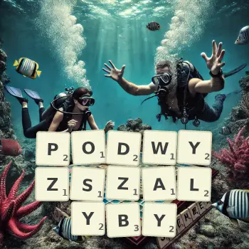 Kreatywna ilustracja do gry w Scrabble ze słowem PODWYZSZALYBY ułożonym z płytek na planszy.