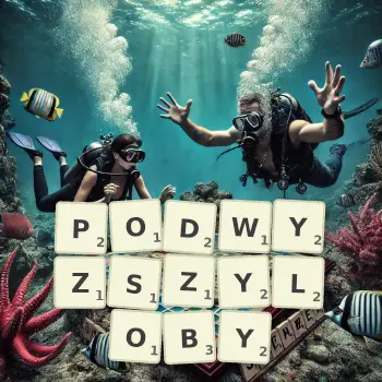 Kreatywna ilustracja do gry w Scrabble ze słowem PODWYZSZYLOBY ułożonym z płytek na planszy.