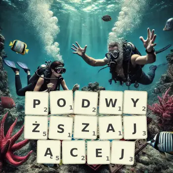 Kreatywna ilustracja do gry w Scrabble ze słowem PODWYŻSZAJĄCEJ ułożonym z płytek na planszy.