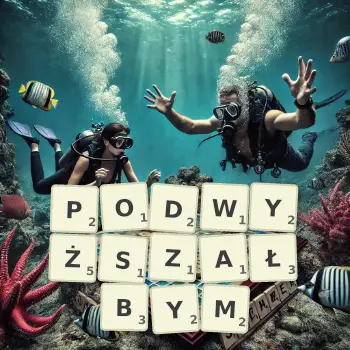 Kreatywna ilustracja do gry w Scrabble ze słowem PODWYŻSZAŁBYM ułożonym z płytek na planszy.
