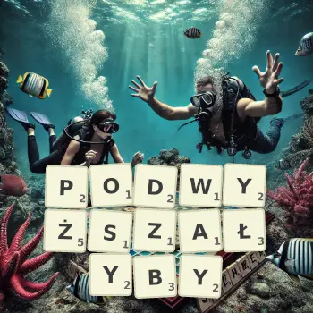 Kreatywna ilustracja do gry w Scrabble ze słowem PODWYŻSZAŁYBY ułożonym z płytek na planszy.
