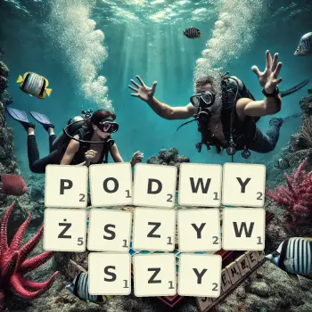 Kreatywna ilustracja do gry w Scrabble ze słowem PODWYŻSZYWSZY ułożonym z płytek na planszy.