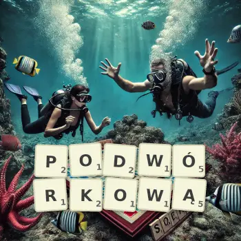 Kreatywna ilustracja do gry w Scrabble ze słowem PODWÓRKOWĄ ułożonym z płytek na planszy.