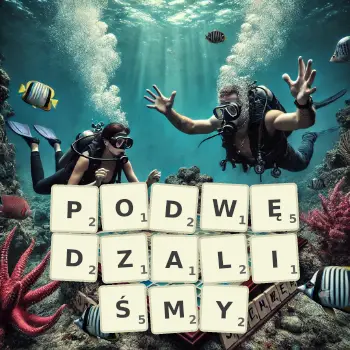 Kreatywna ilustracja do gry w Scrabble ze słowem PODWĘDZALIŚMY ułożonym z płytek na planszy.
