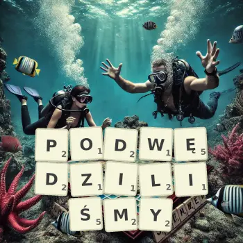 Kreatywna ilustracja do gry w Scrabble ze słowem PODWĘDZILIŚMY ułożonym z płytek na planszy.