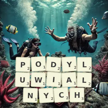 Kreatywna ilustracja do gry w Scrabble ze słowem PODYLUWIALNYCH ułożonym z płytek na planszy.