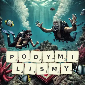 Kreatywna ilustracja do gry w Scrabble ze słowem PODYMILISMY ułożonym z płytek na planszy.