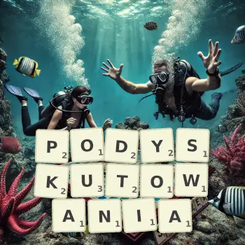 Kreatywna ilustracja do gry w Scrabble ze słowem PODYSKUTOWANIA ułożonym z płytek na planszy.