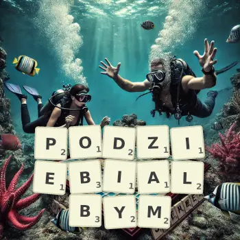Kreatywna ilustracja do gry w Scrabble ze słowem PODZIEBIALBYM ułożonym z płytek na planszy.