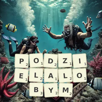 Kreatywna ilustracja do gry w Scrabble ze słowem PODZIELALOBYM ułożonym z płytek na planszy.
