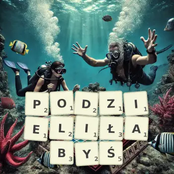 Kreatywna ilustracja do gry w Scrabble ze słowem PODZIELIŁABYŚ ułożonym z płytek na planszy.