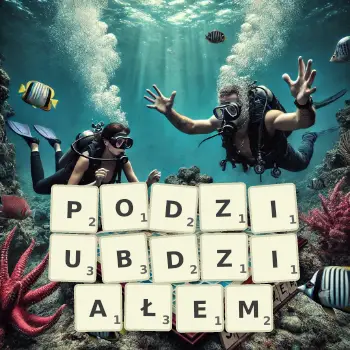 Kreatywna ilustracja do gry w Scrabble ze słowem PODZIUBDZIAŁEM ułożonym z płytek na planszy.