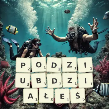 Kreatywna ilustracja do gry w Scrabble ze słowem PODZIUBDZIAŁEŚ ułożonym z płytek na planszy.