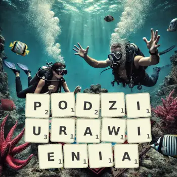 Kreatywna ilustracja do gry w Scrabble ze słowem PODZIURAWIENIA ułożonym z płytek na planszy.