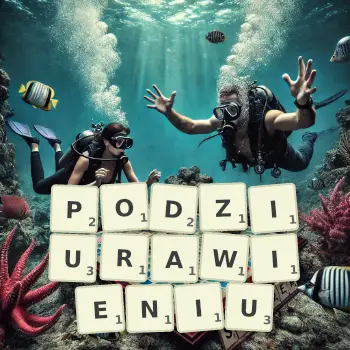 Kreatywna ilustracja do gry w Scrabble ze słowem PODZIURAWIENIU ułożonym z płytek na planszy.