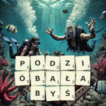 Kreatywna ilustracja do gry w Scrabble ze słowem PODZIÓBAŁABYŚ ułożonym z płytek na planszy.